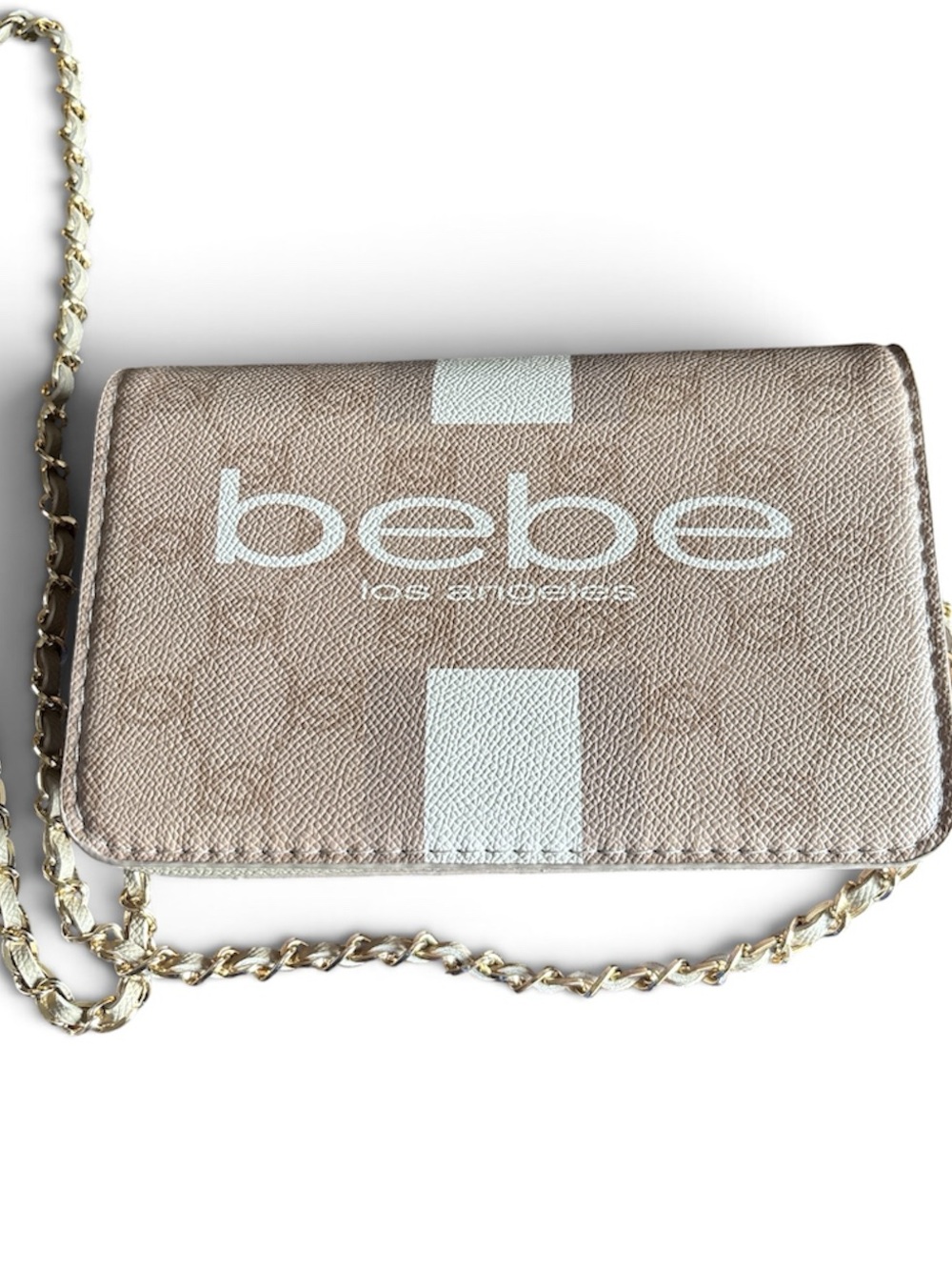 bebe Tan Logo Crossbody Bag with Gold Chain Strap